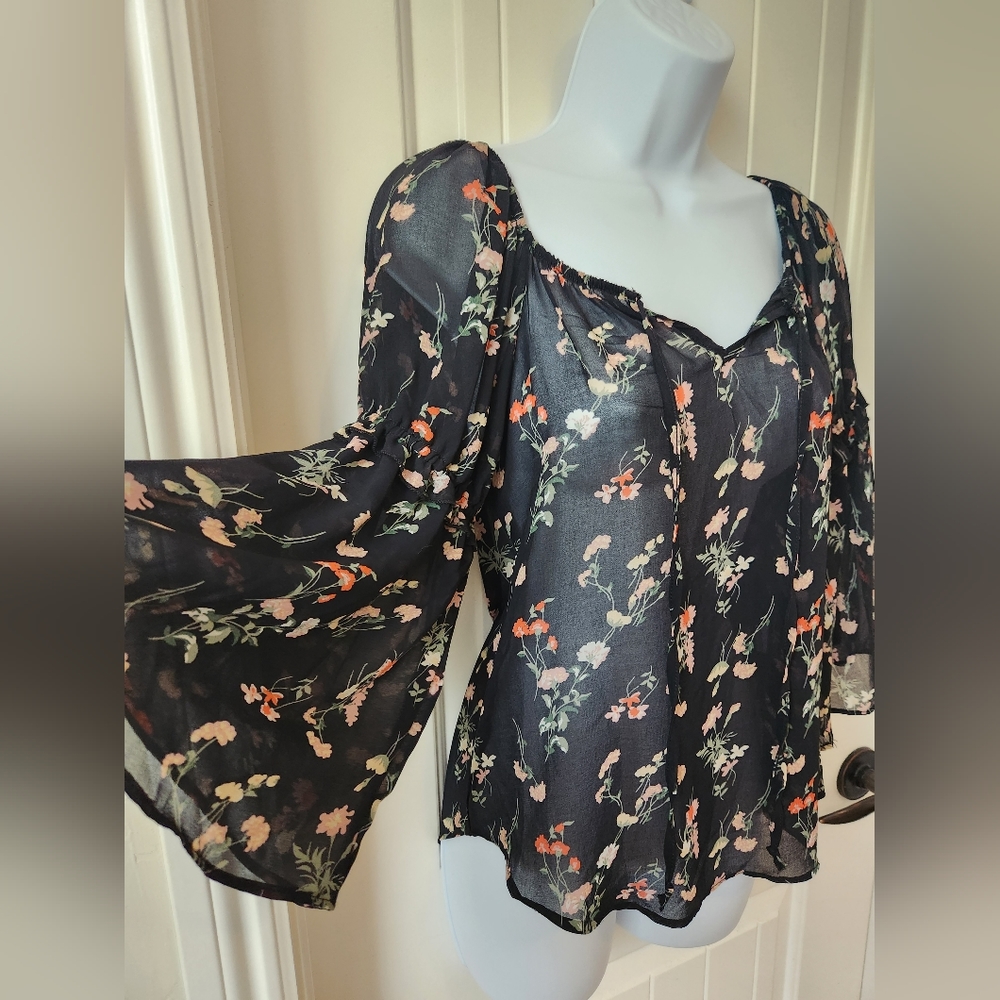 Status Chenault Black Sheer Floral Peasant Blouse w/exaggerated Bell Sle…